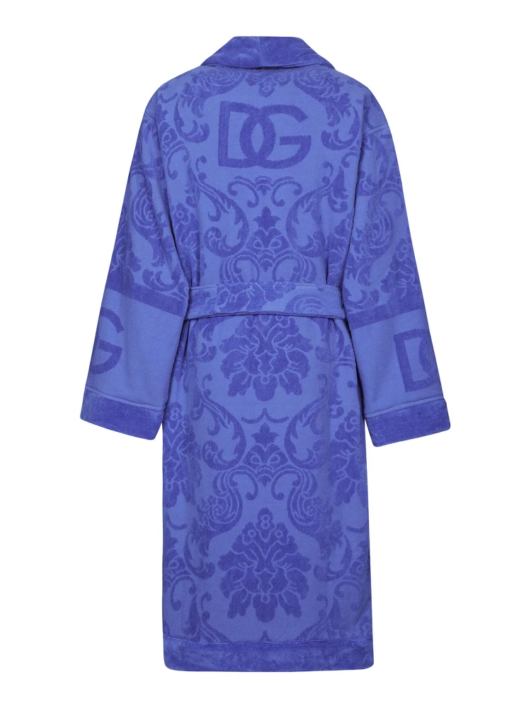 Blue Bathrobe with all-over embossed logo print in cotton terry alternative