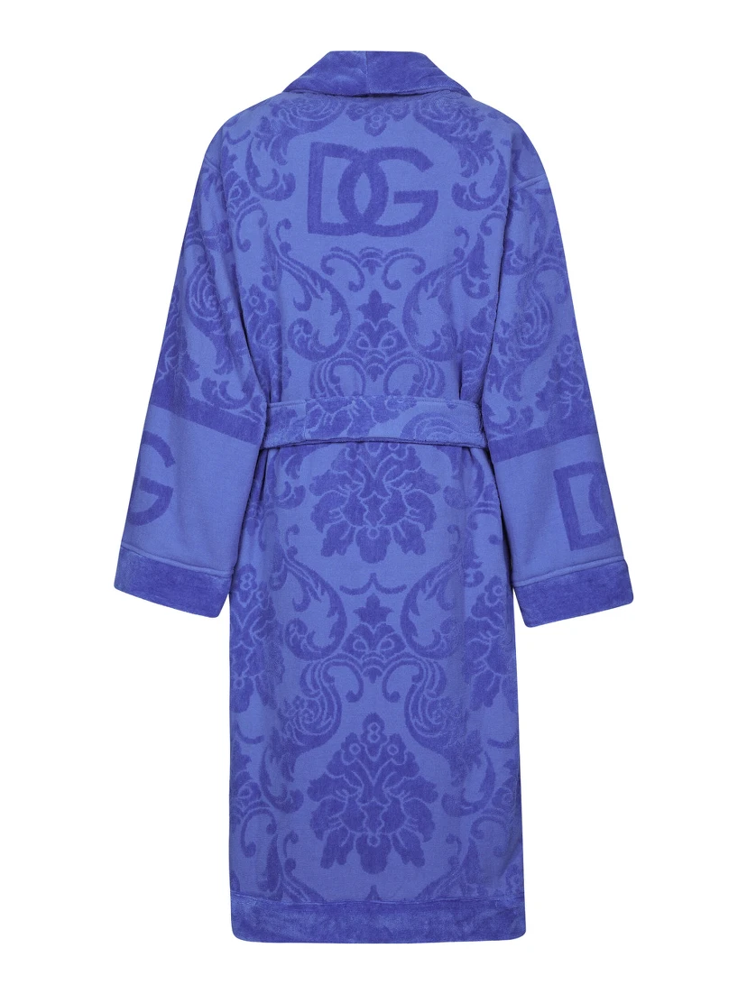 Blue Bathrobe with all-over embossed logo print in cotton terry
