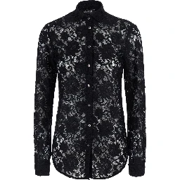 Black Shirt with classic collar and all-over lace embroidery in fabric for women