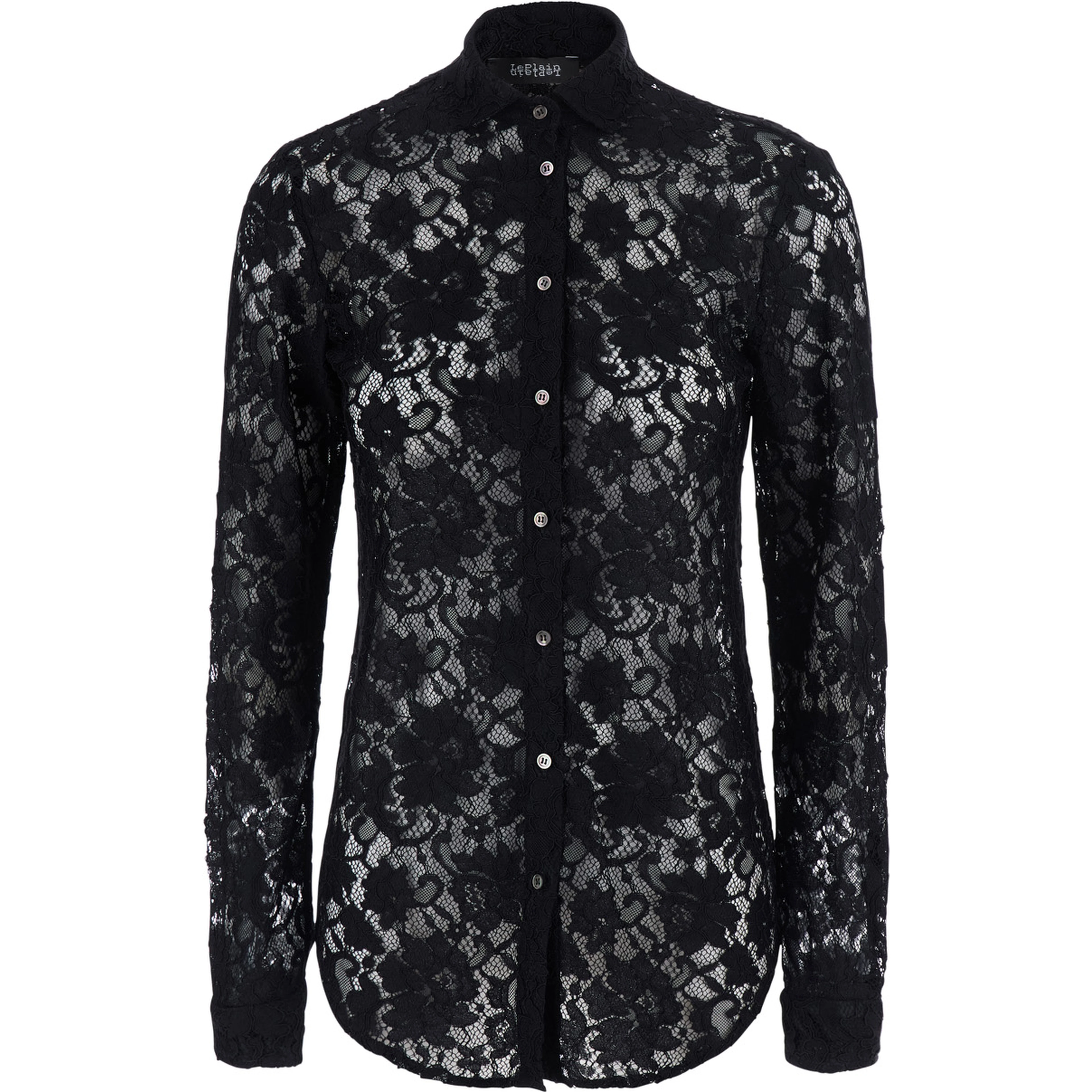 Black Shirt with classic collar and all-over lace embroidery in fabric for women