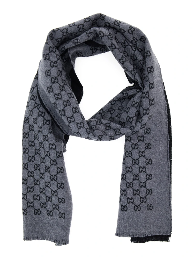 Scarf with GG Motif in Gray Jacquard Wool for Men alternative