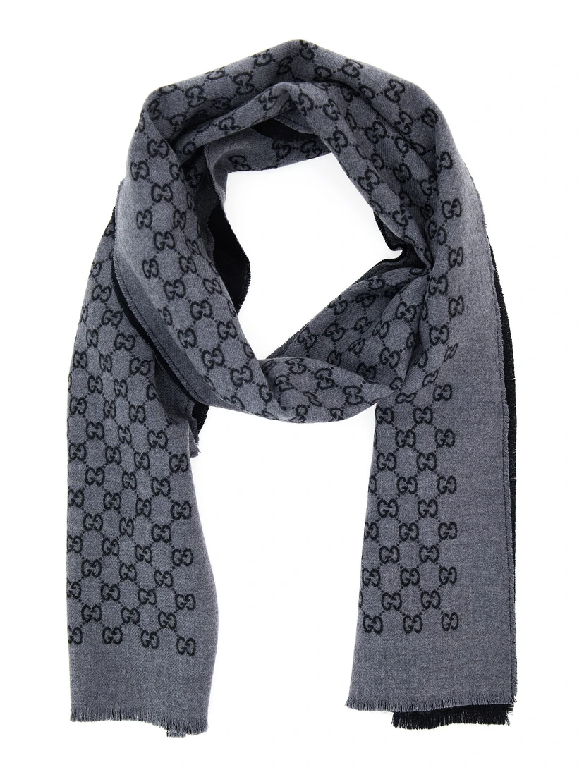 Scarf with GG Motif in Gray Jacquard Wool for Men