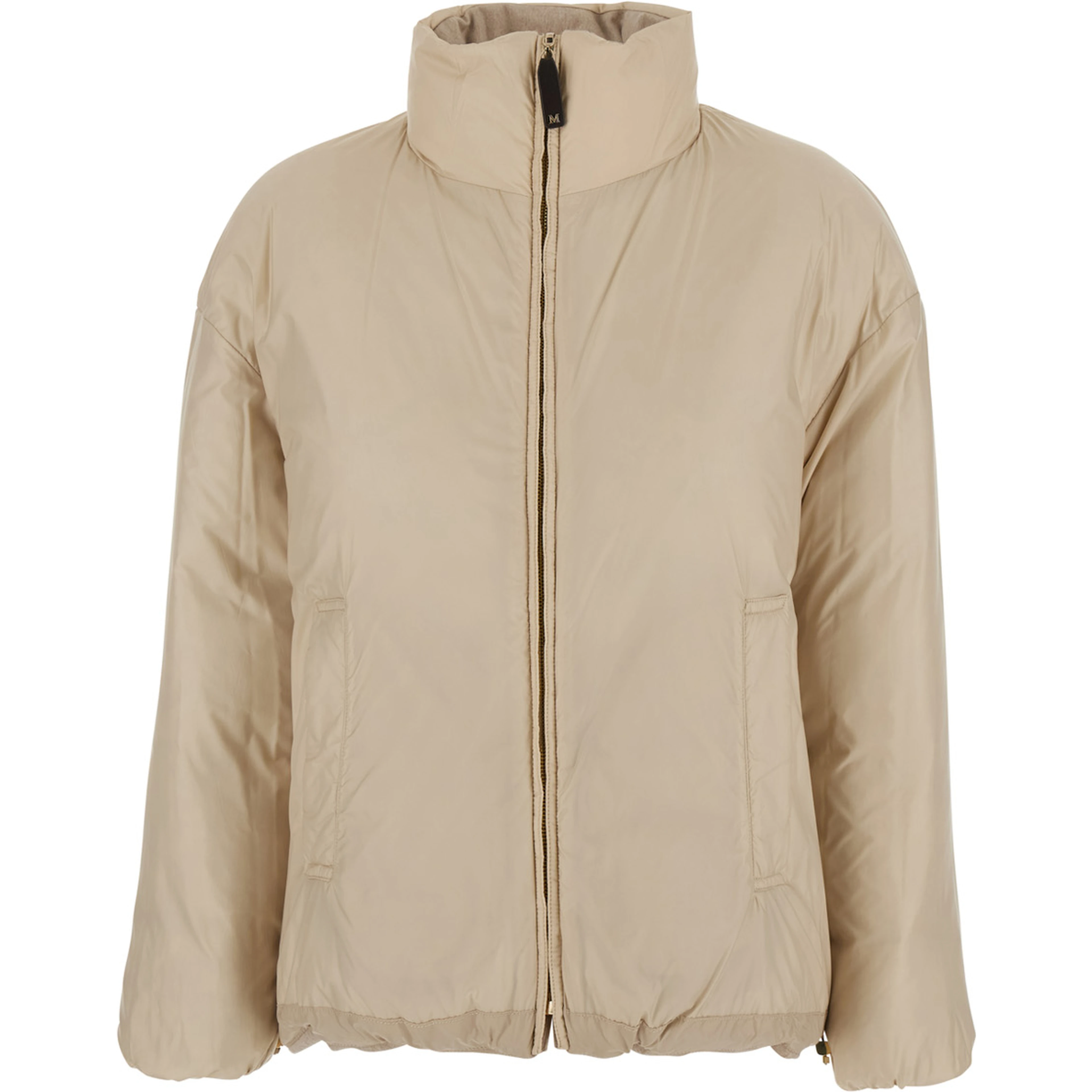 DIVINA Beige Down jacket with high collar and reversible design in cashmere and Tech Fabric for women