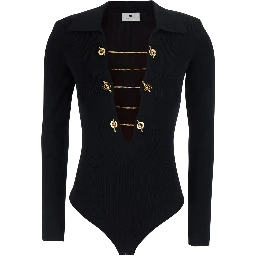Black Top with deep V-neck and chains on the front in stretch viscose blend for women