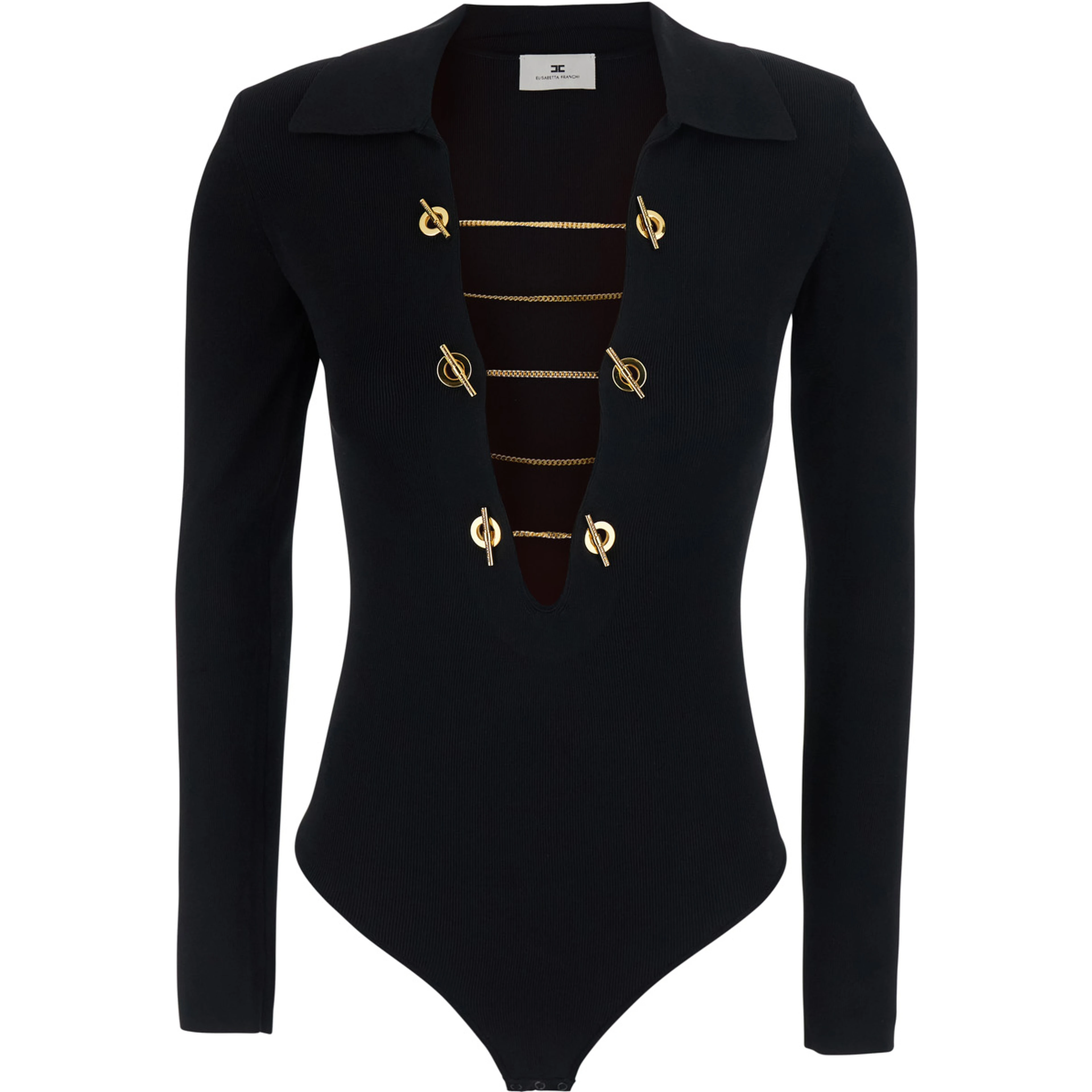 Black Top with deep V-neck and chains on the front in stretch viscose blend for women