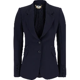 Blue Single-Breasted Jacket with Notched Revers and Chain Details on the Front in Stretch Tech Fabric for Women
