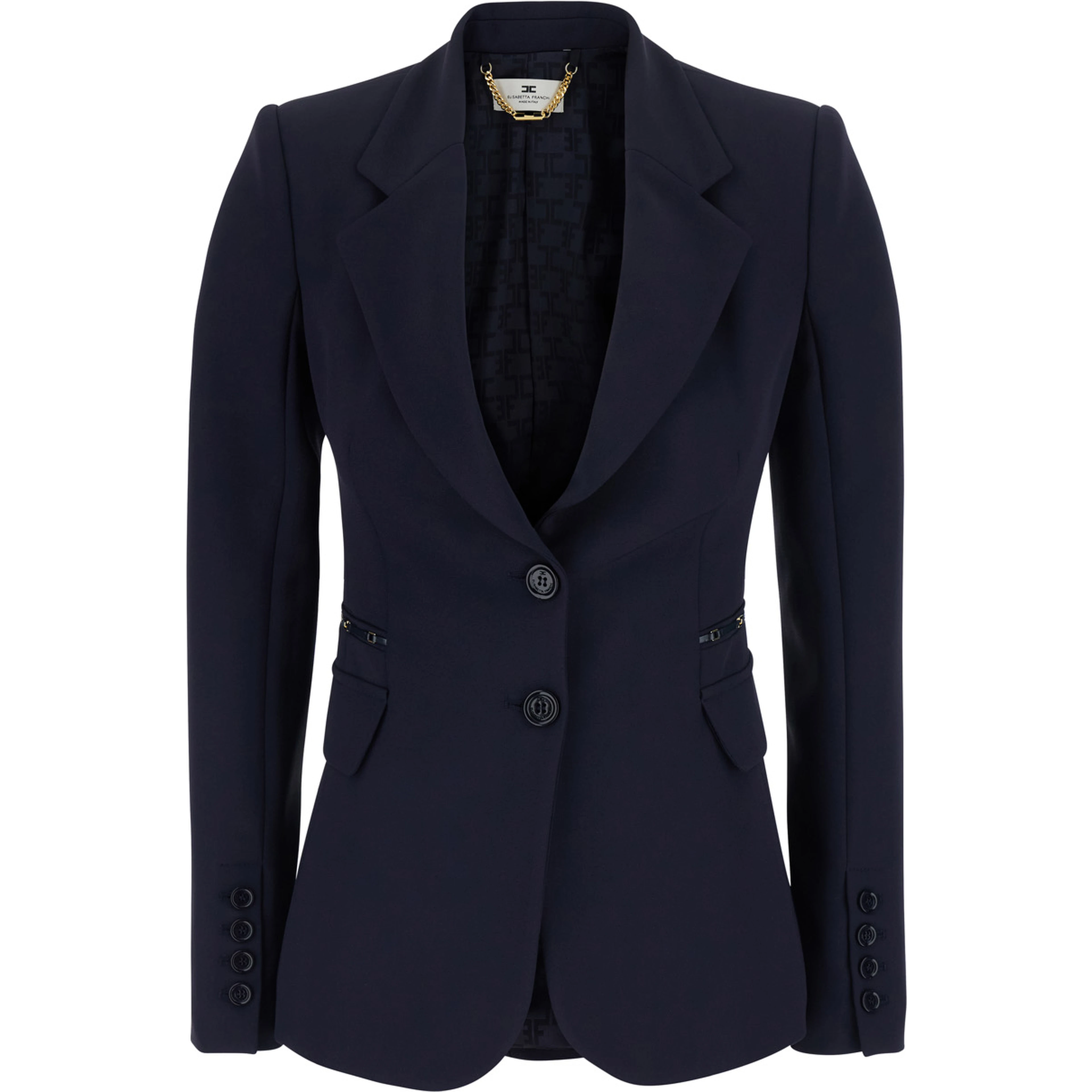 Blue Single-Breasted Jacket with Notched Revers and Chain Details on the Front in Stretch Tech Fabric for Women