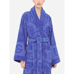 Blue Bathrobe with all-over embossed logo print in cotton terry