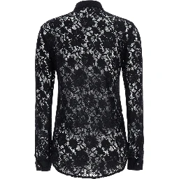 Black Shirt with classic collar and all-over lace embroidery in fabric for women
