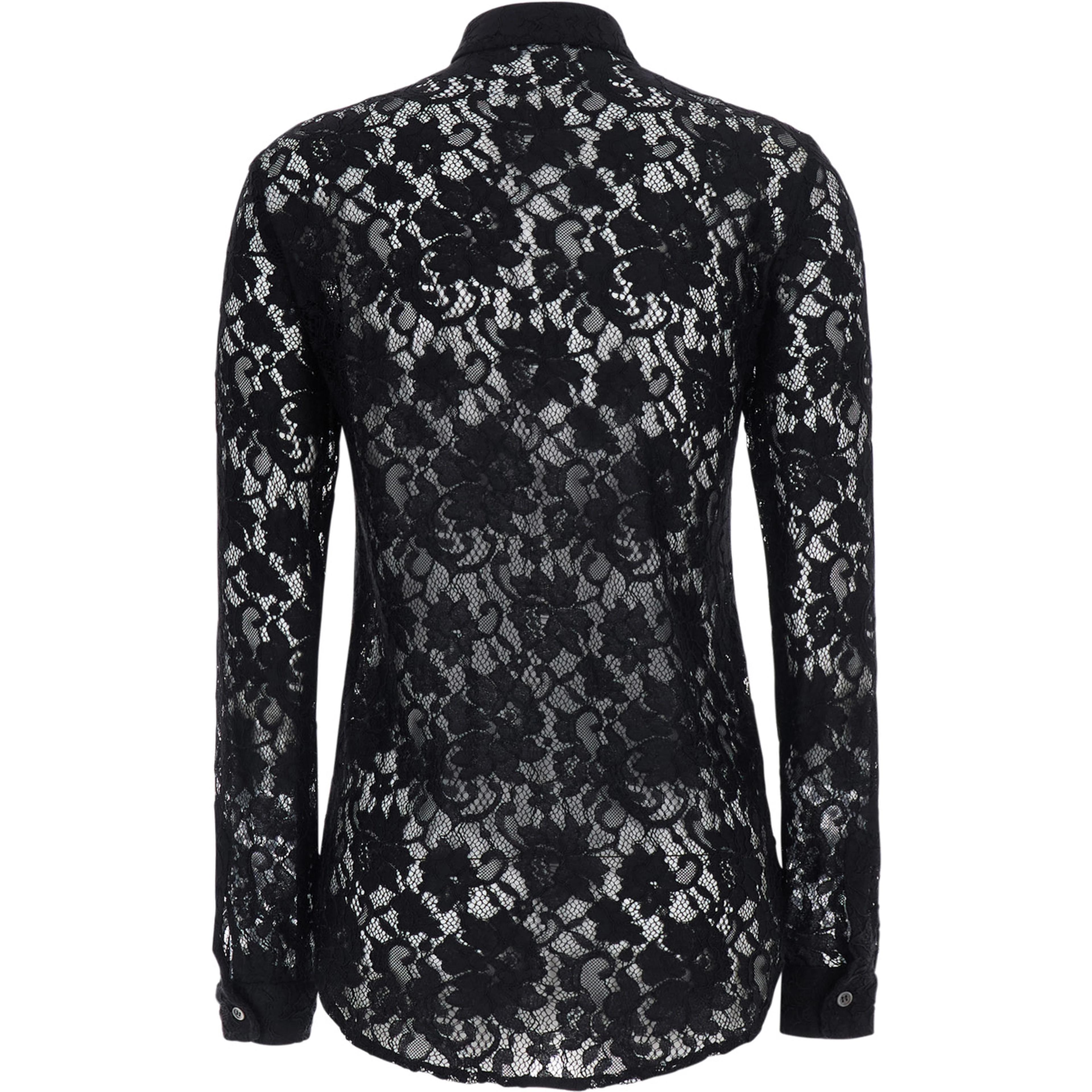 Black Shirt with classic collar and all-over lace embroidery in fabric for women