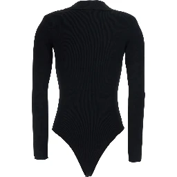 Black Top with deep V-neck and chains on the front in stretch viscose blend for women