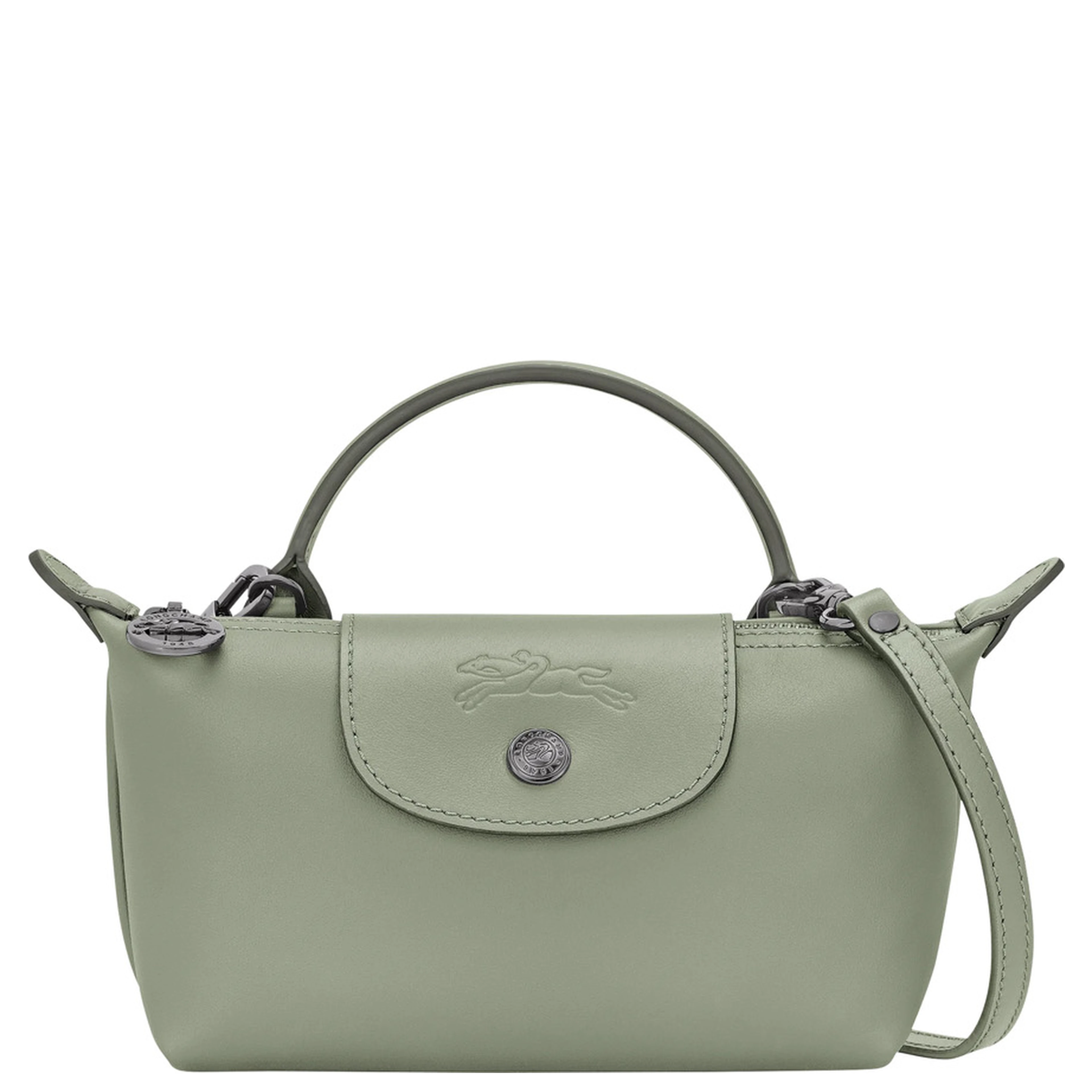 Le Pliage Xtra Gray Handbag with embossed logo on the front and adjustable and removable shoulder strap in leather for women
