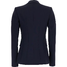 Blue Single-Breasted Jacket with Notched Revers and Chain Details on the Front in Stretch Tech Fabric for Women