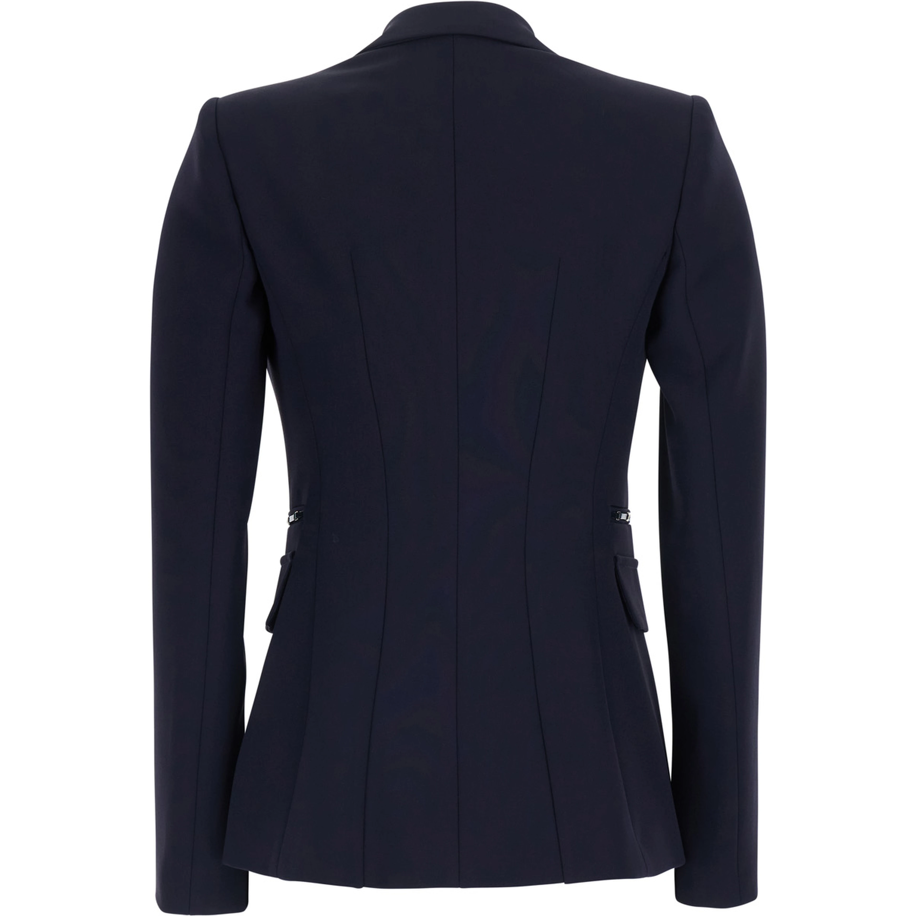 Blue Single-Breasted Jacket with Notched Revers and Chain Details on the Front in Stretch Tech Fabric for Women