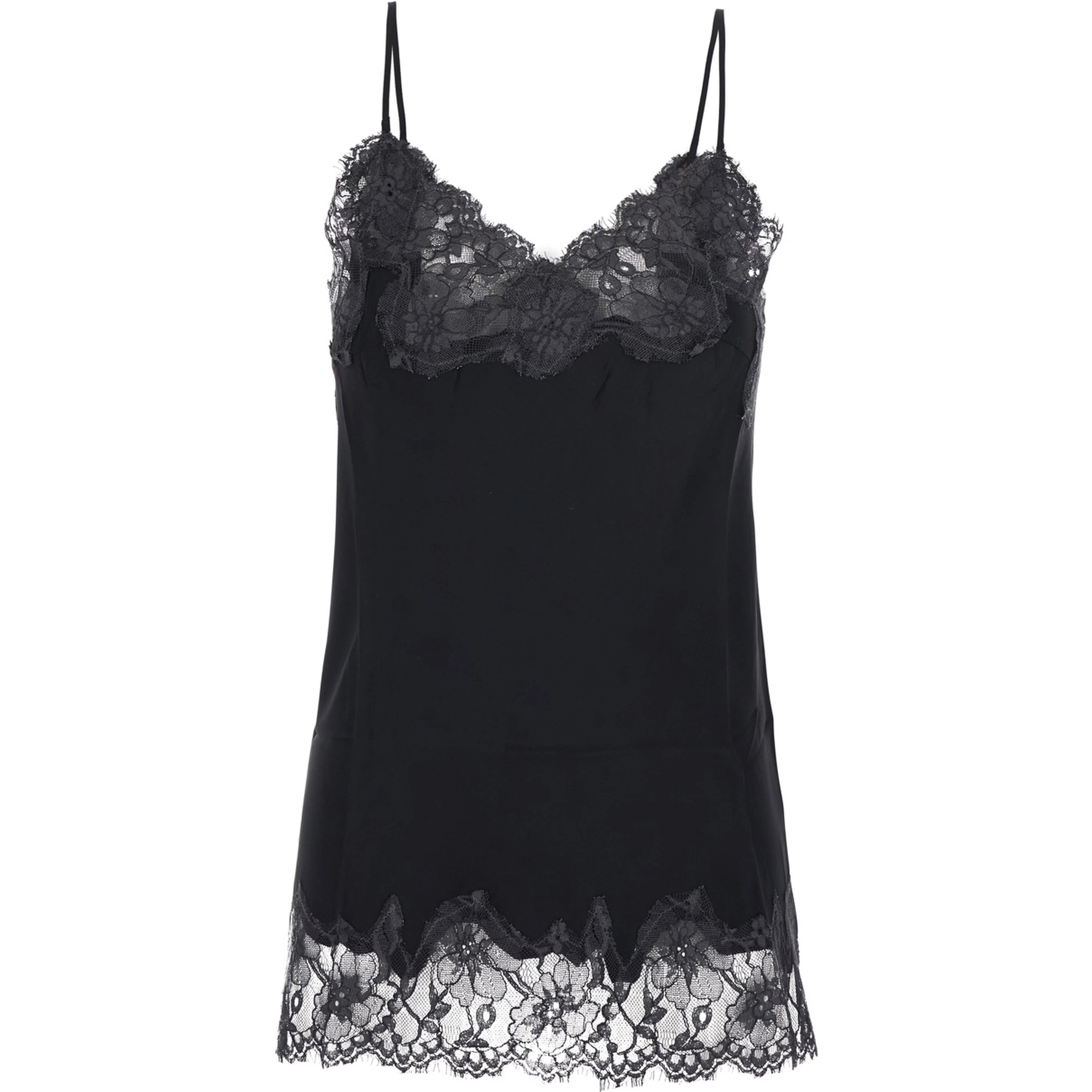 Black V-neck top with spaghetti straps in satin fabric for women