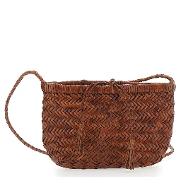 Minsu Black Crossbody bag with Strap and Woven Motif in Leather for Women