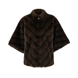 Brown shearling coat with raised collar and wide short sleeves in eco-fur for women