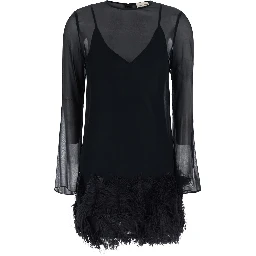 black Dress with feathers applied on the edges in fabric for women