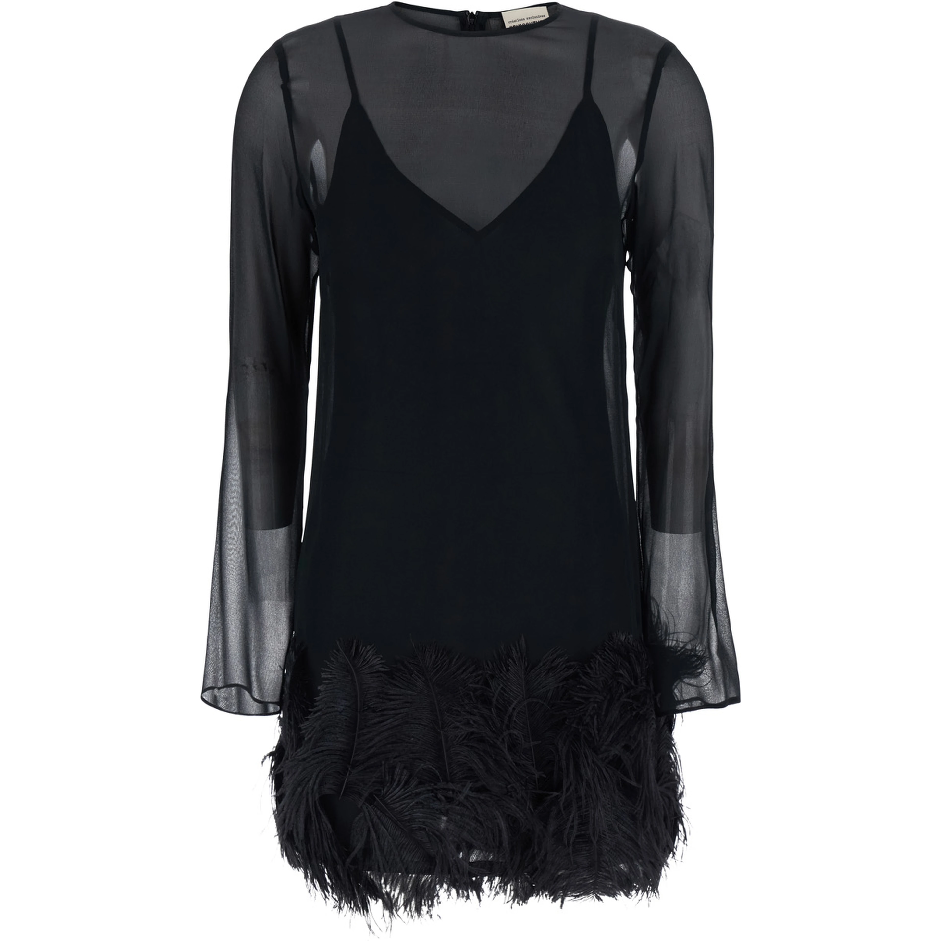 black Dress with feathers applied on the edges in fabric for women