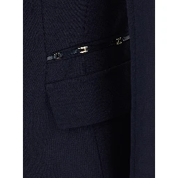 Blue Single-Breasted Jacket with Notched Revers and Chain Details on the Front in Stretch Tech Fabric for Women