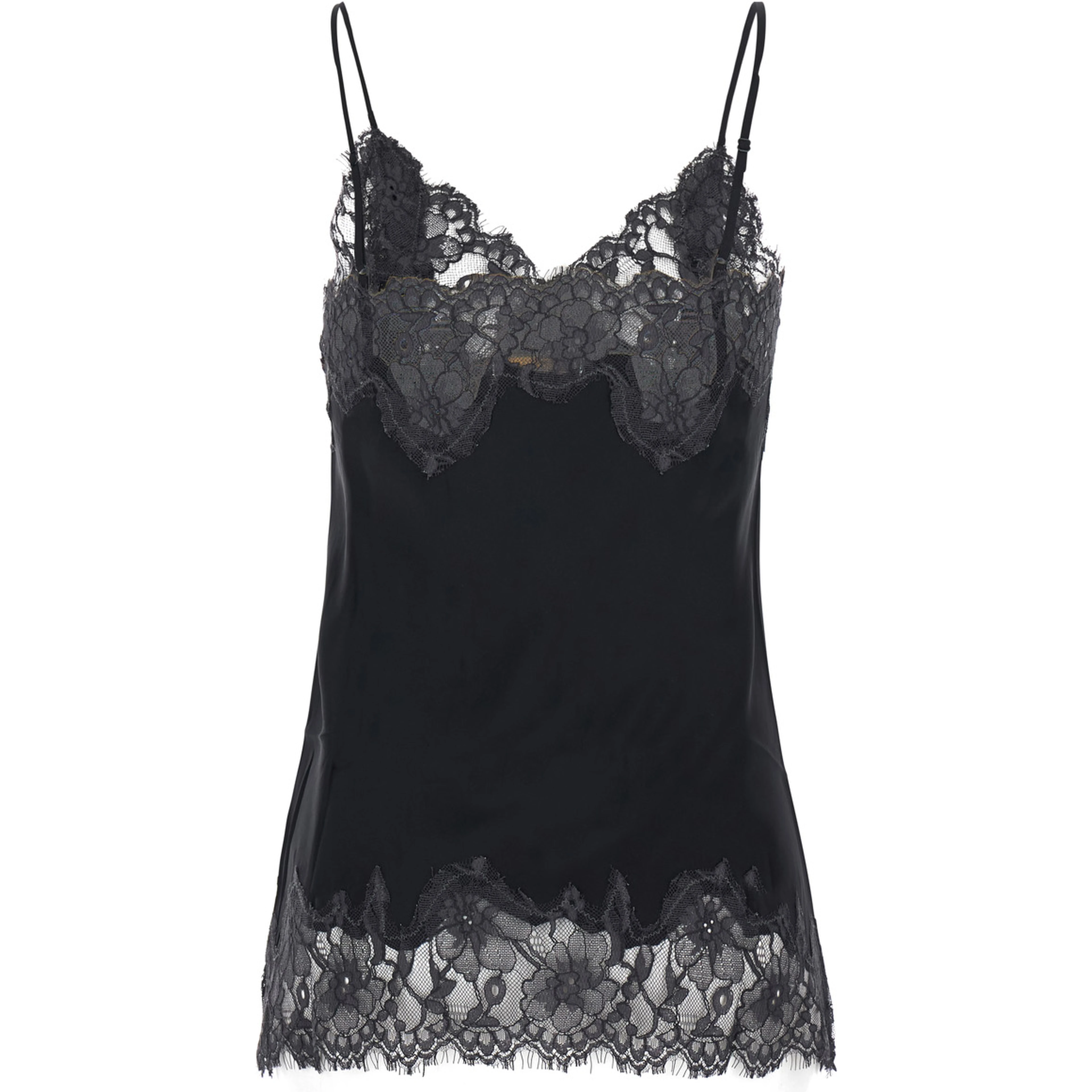 Black V-neck top with spaghetti straps in satin fabric for women