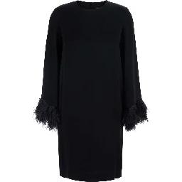 Violetta Black Dress with Long Sleeves and Feather Details in Satin for Women
