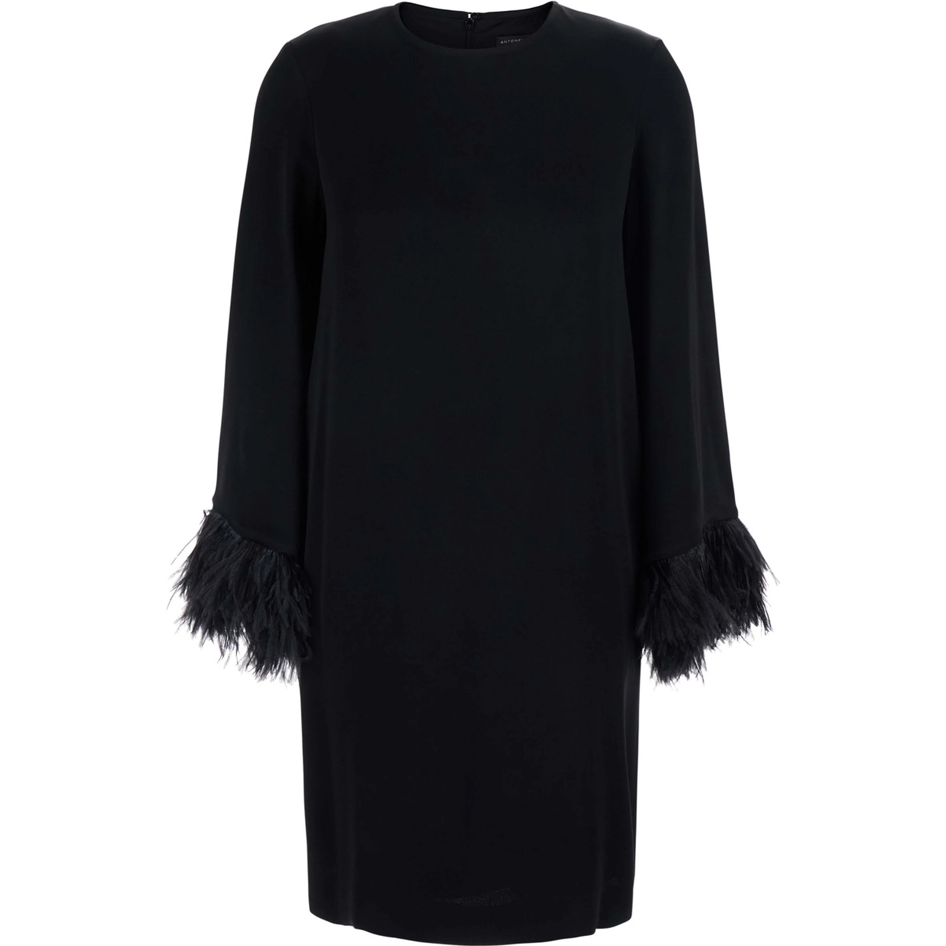 Violetta Black Dress with Long Sleeves and Feather Details in Satin for Women