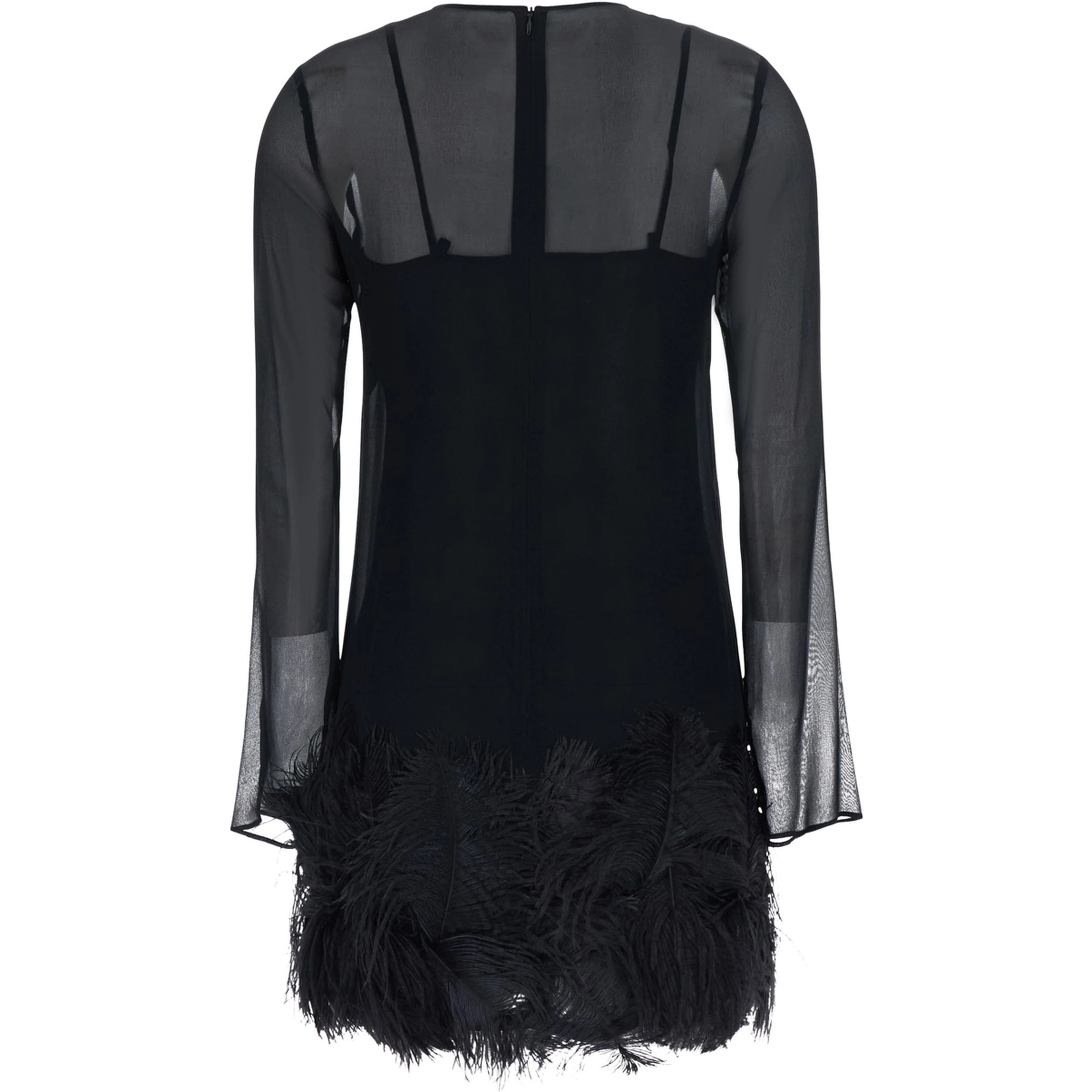 black Dress with feathers applied on the edges in fabric for women