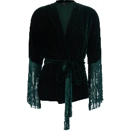 green Cardigan with knottable belt and fringes applied on the edges in velvet for women