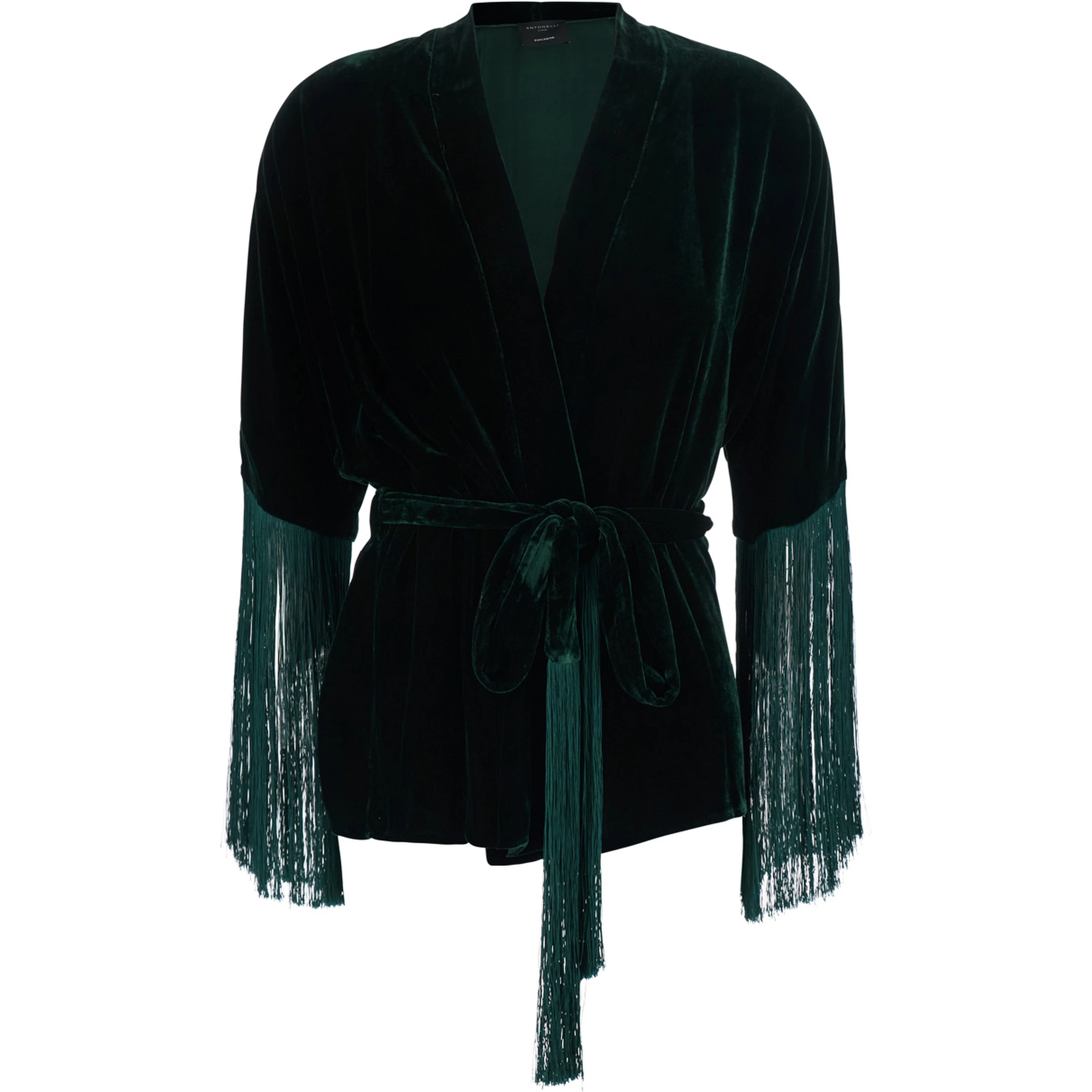 green Cardigan with knottable belt and fringes applied on the edges in velvet for women