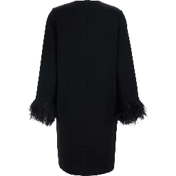 Violetta Black Dress with Long Sleeves and Feather Details in Satin for Women