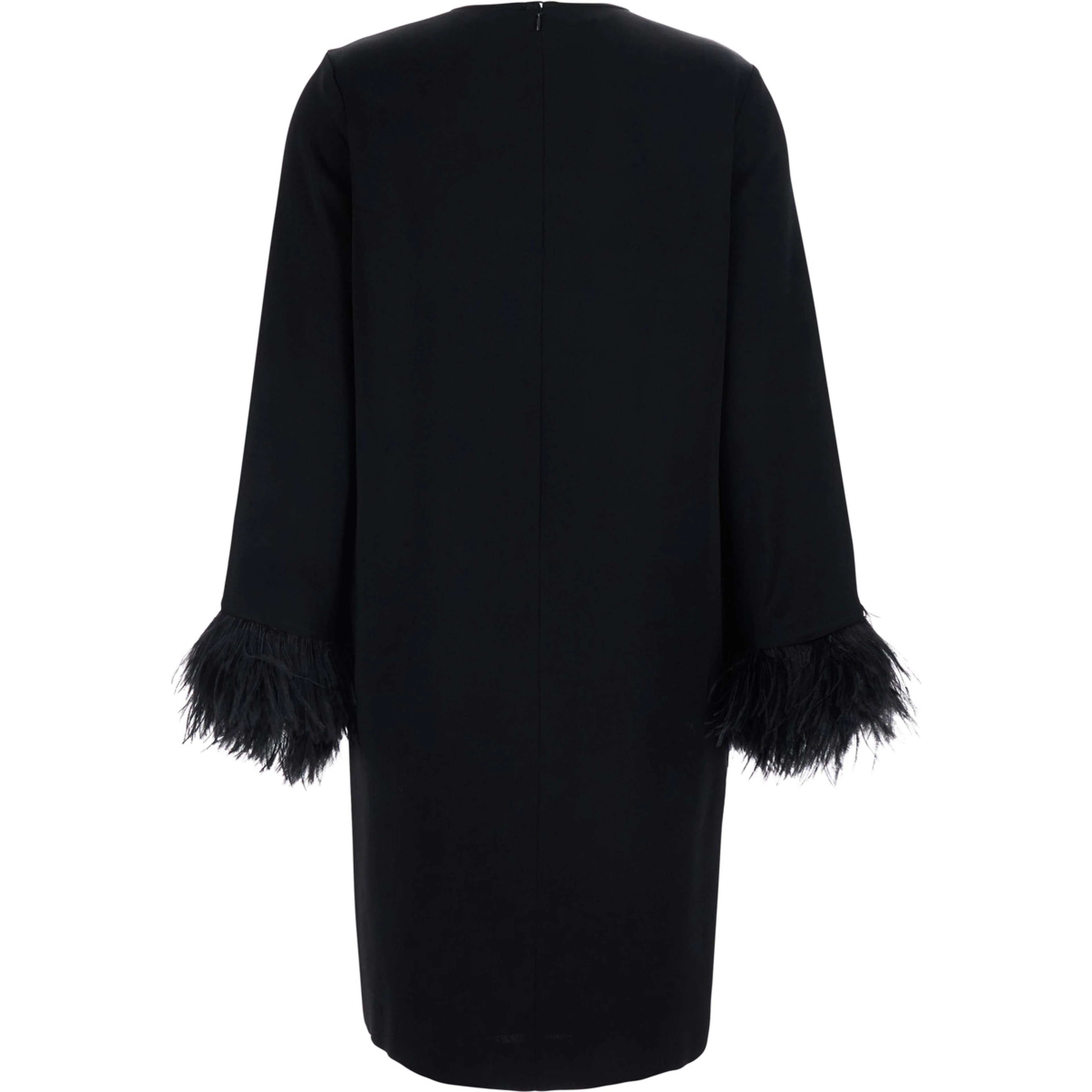 Violetta Black Dress with Long Sleeves and Feather Details in Satin for Women