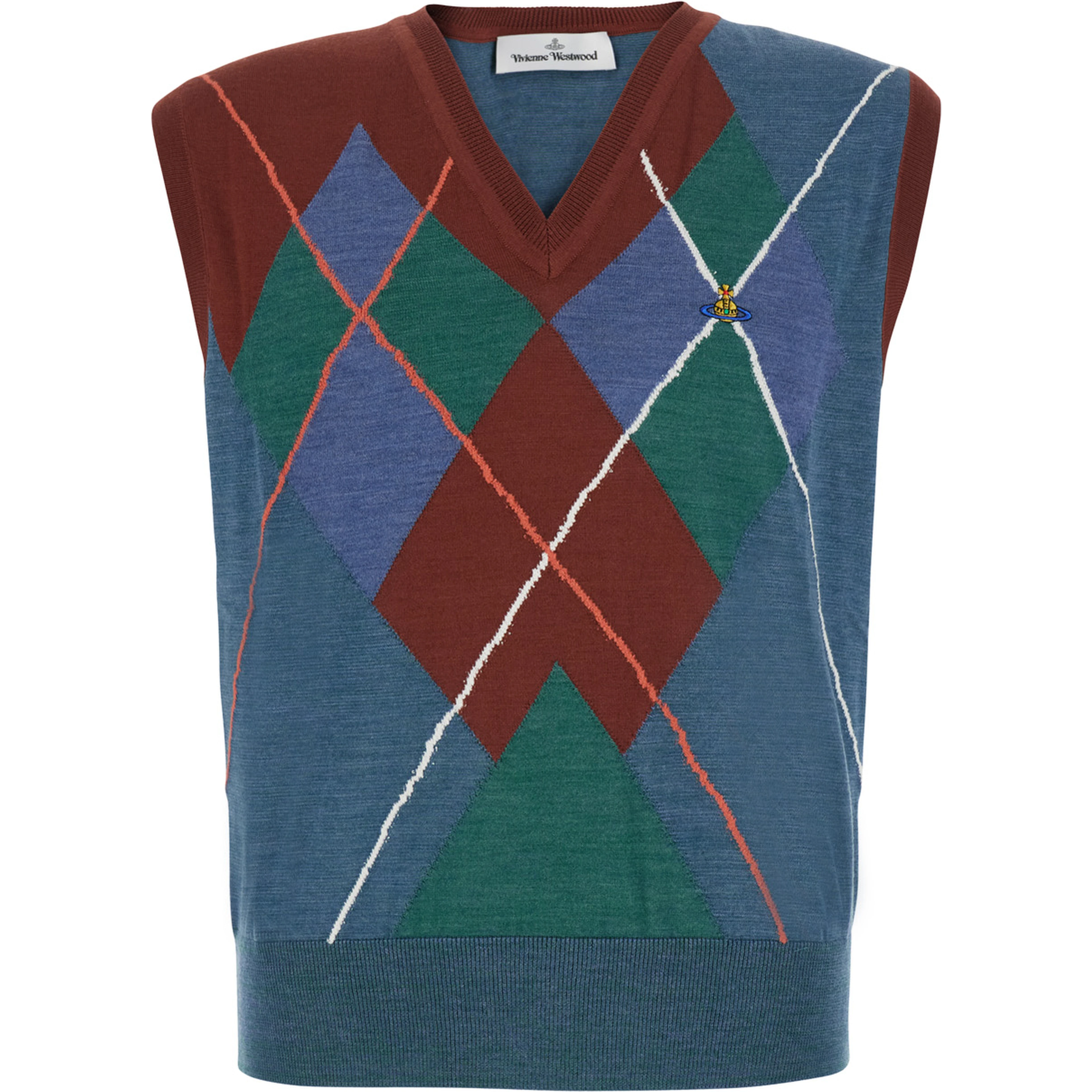 multicolor Crew neck vest with Argyle motif logo on the front in wool for men