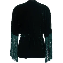 green Cardigan with knottable belt and fringes applied on the edges in velvet for women