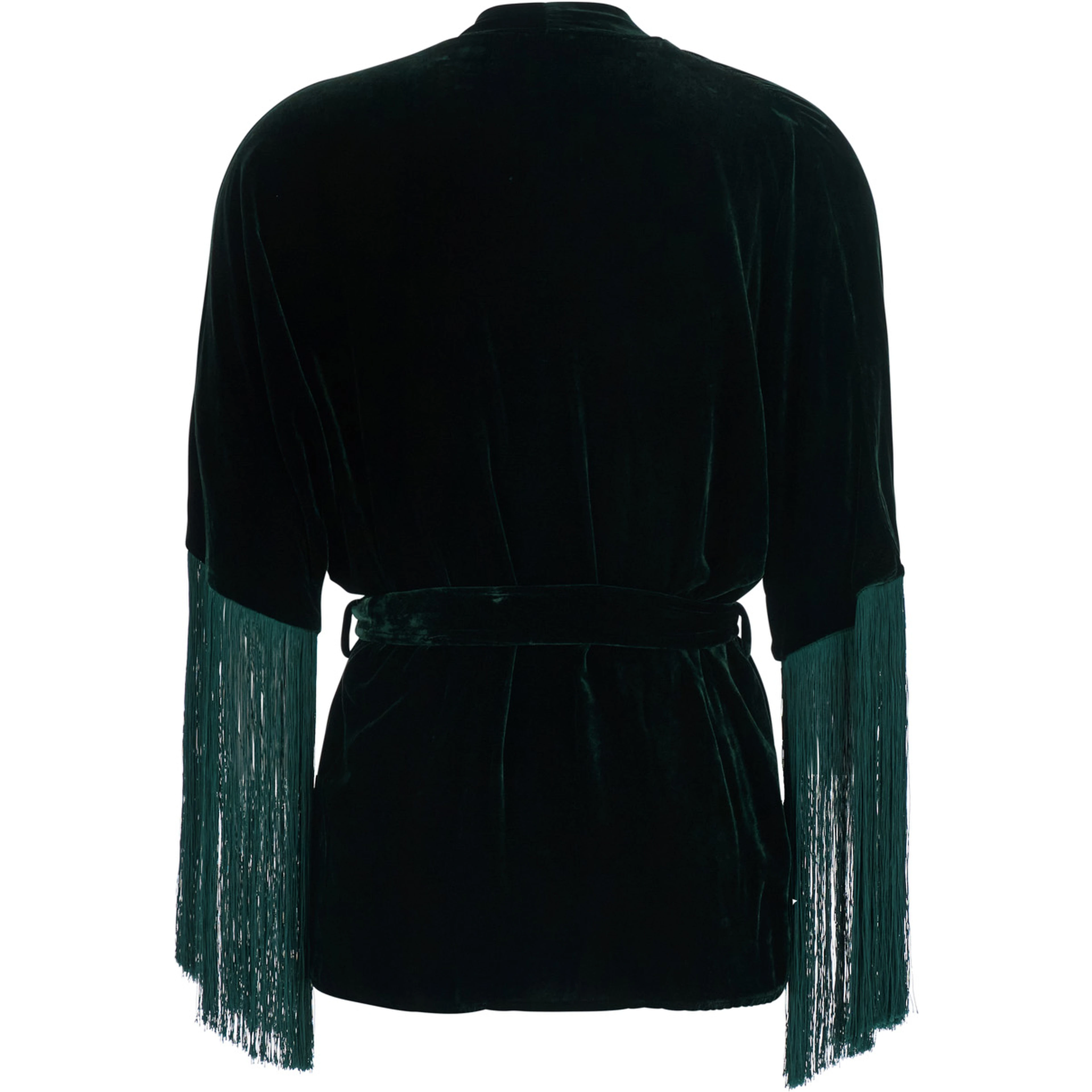 green Cardigan with knottable belt and fringes applied on the edges in velvet for women