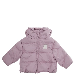 Pink Down jacket with fixed hood and logo patch on the front in Tech Fabric baby