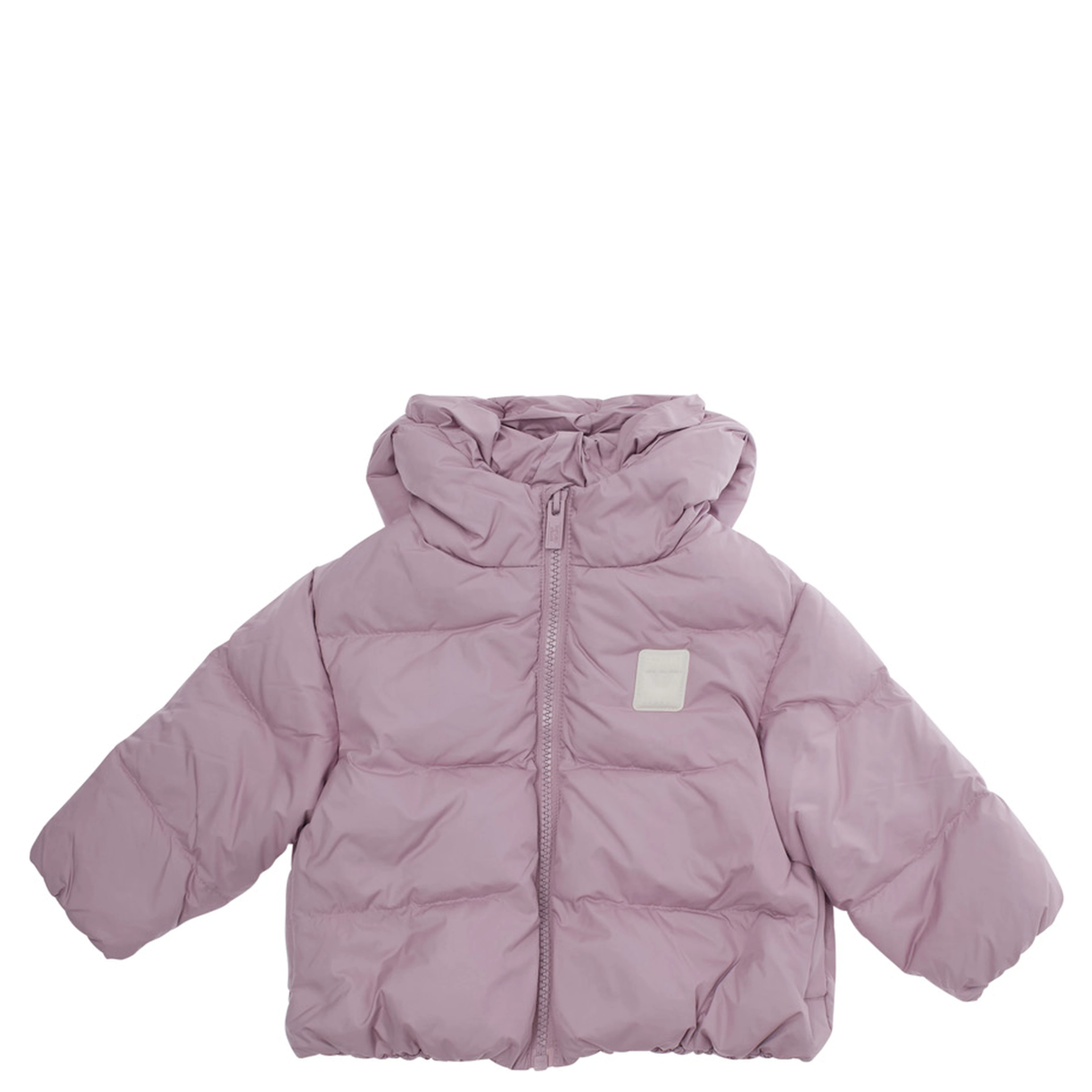Pink Down jacket with fixed hood and logo patch on the front in Tech Fabric baby