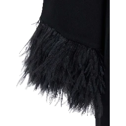 Violetta Black Dress with Long Sleeves and Feather Details in Satin for Women