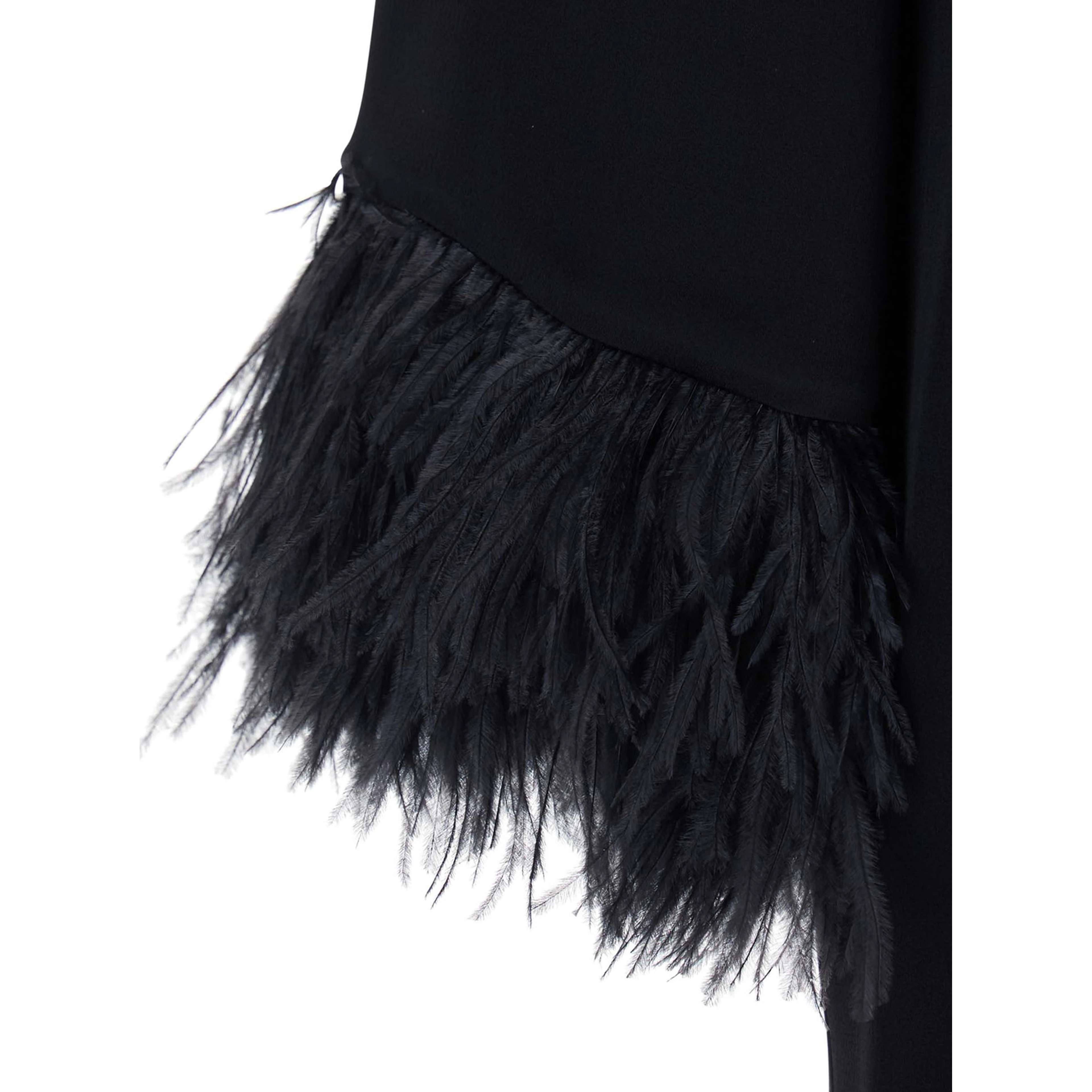 Violetta Black Dress with Long Sleeves and Feather Details in Satin for Women