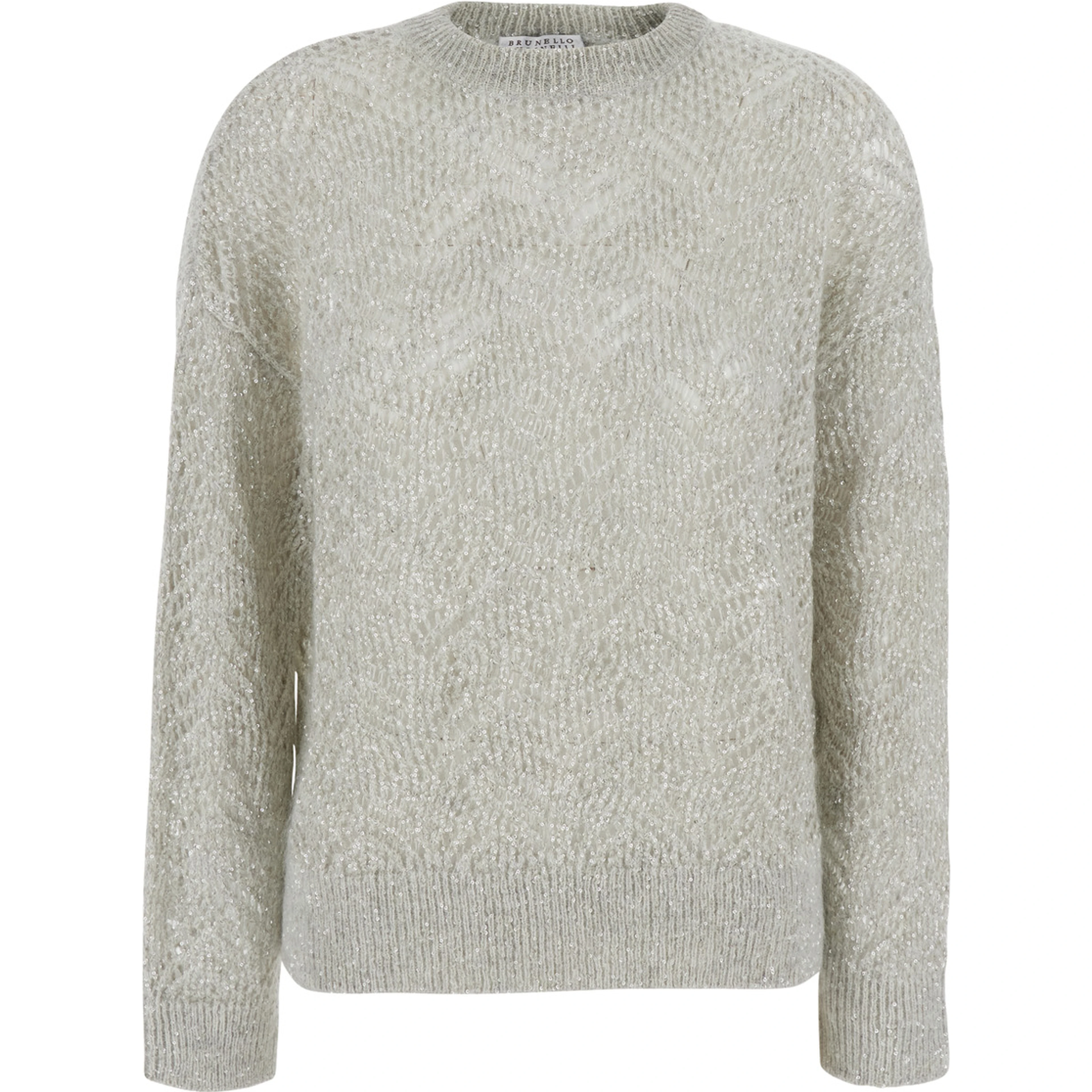 Gray Crewneck sweater with sequin decoration and ribbed finishes in blend wool for women