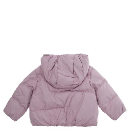 Pink Down jacket with fixed hood and logo patch on the front in Tech Fabric baby