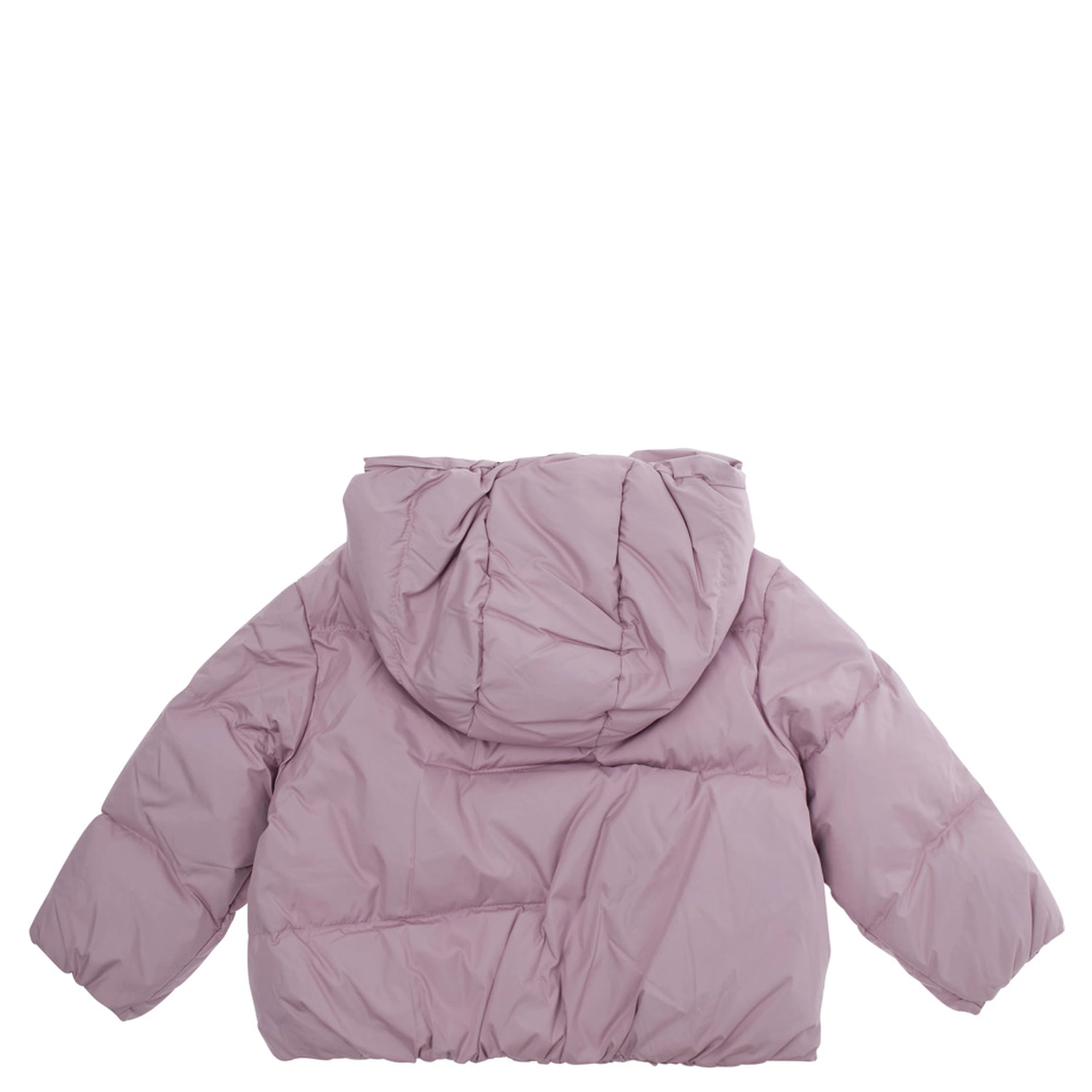 Pink Down jacket with fixed hood and logo patch on the front in Tech Fabric baby