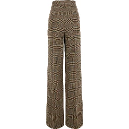 Beige Pants with front closure and all-over Prince of Wales motif in wool blend for women