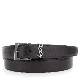 Belt with Cassandre Plate on the Front and Adjustable Buckle in Brown Leather for Men
