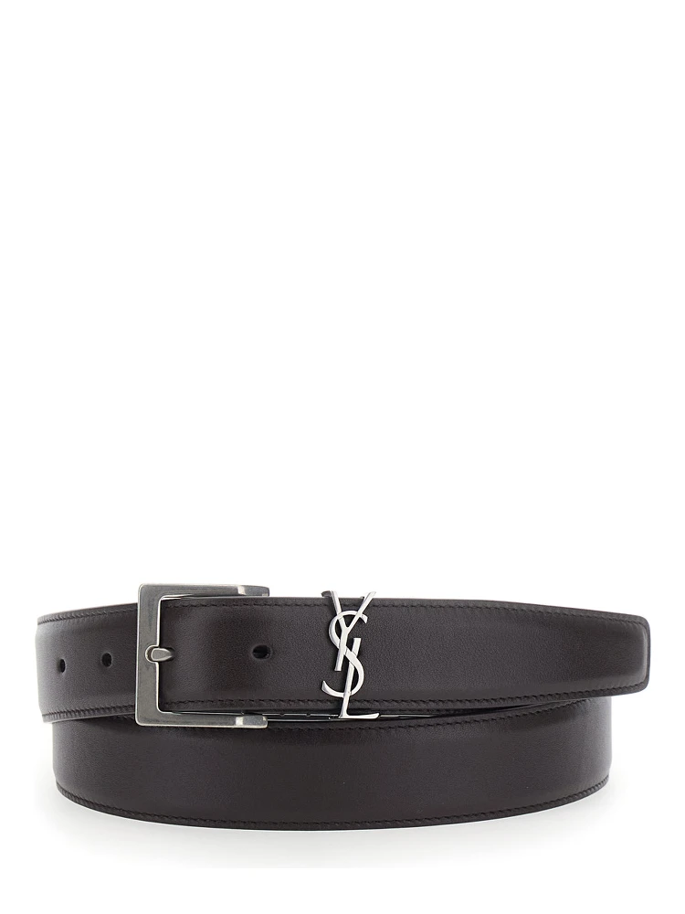 Belt with Cassandre Plate on the Front and Adjustable Buckle in Brown Leather for Men