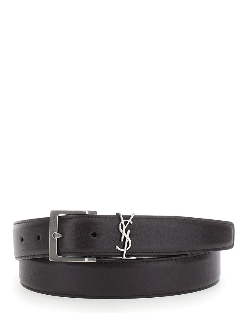 Belt with Cassandre Plate on the Front and Adjustable Buckle in Brown Leather for Men