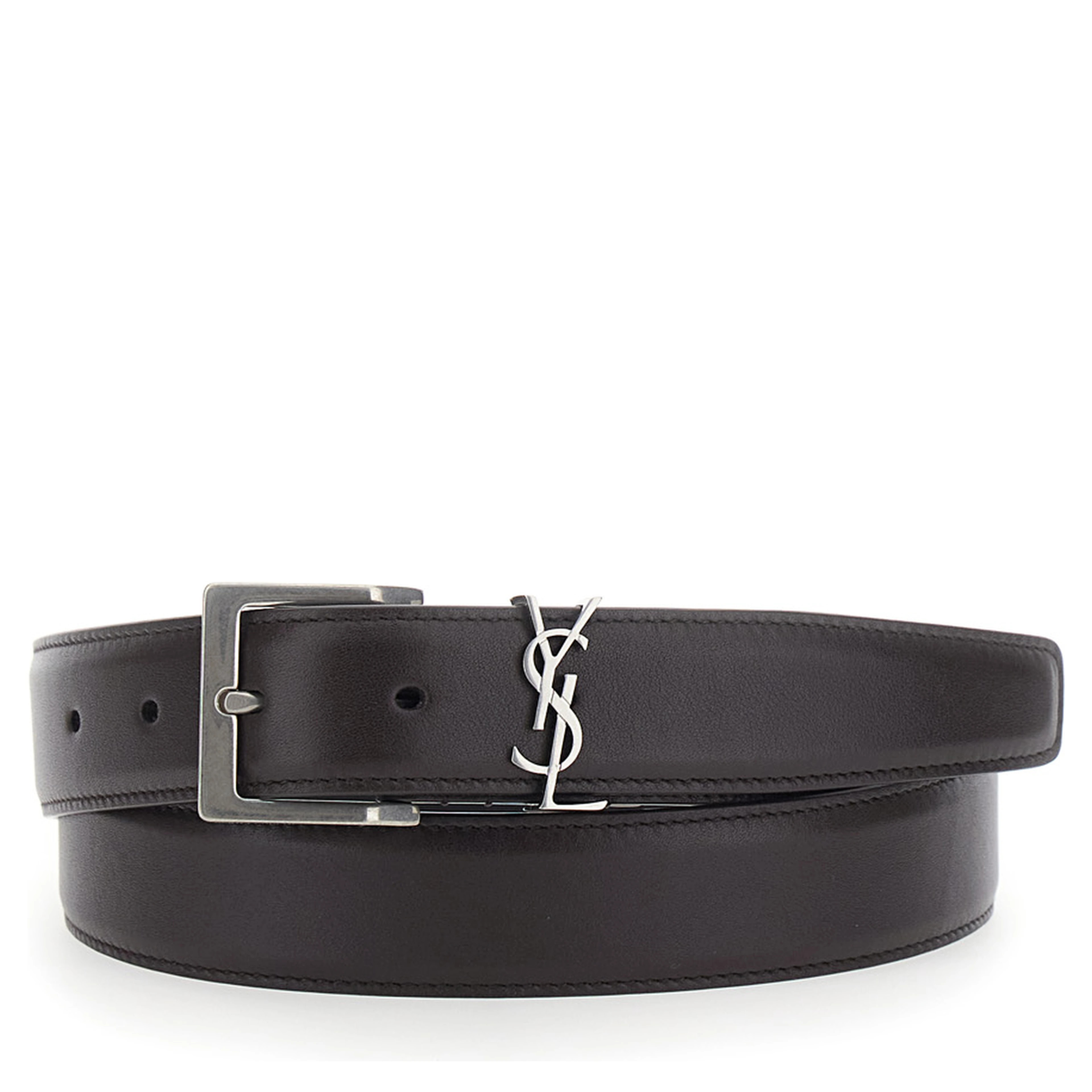 Belt with Cassandre Plate on the Front and Adjustable Buckle in Brown Leather for Men