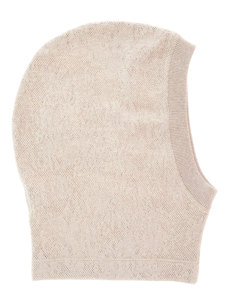 Beige balaclava hat with ribbed edges in wool blend for women