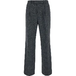 Herringbone Wool Trousers with Pleats and Wide Leg Gray for Men