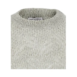 Gray Crewneck sweater with sequin decoration and ribbed finishes in blend wool for women